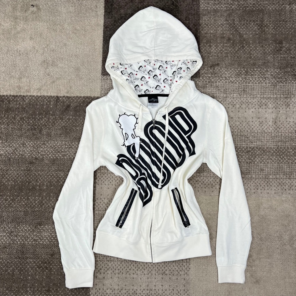 Universal Studios Betty Boop Full Zip‎ Graphic Hoodie White Womens S Embroidered